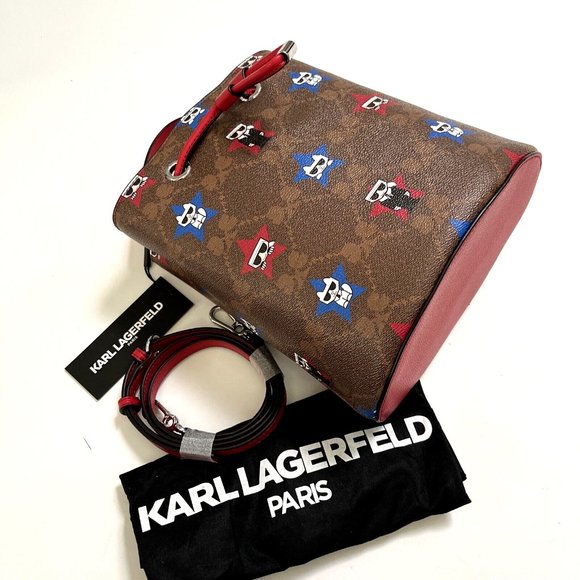 NWT Karl Lagerfeld Paris Bucket Bag Stars Print Brown Red Drawstring Crossbody - Picture 2 of 10
